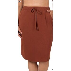 Zenana Rust Brown Drawstring Waist Midi Skirt with Pockets Plus Size-2X